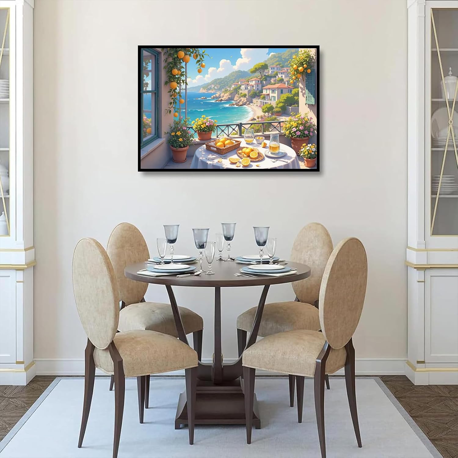 Italian Amalfi Coast Lemon Tree Garden Mediterranean Wall Art Travel Poster | Metal Framed canvas, for resort suites, mediterranean style, guest suite decor, mediterranean vacation vibe