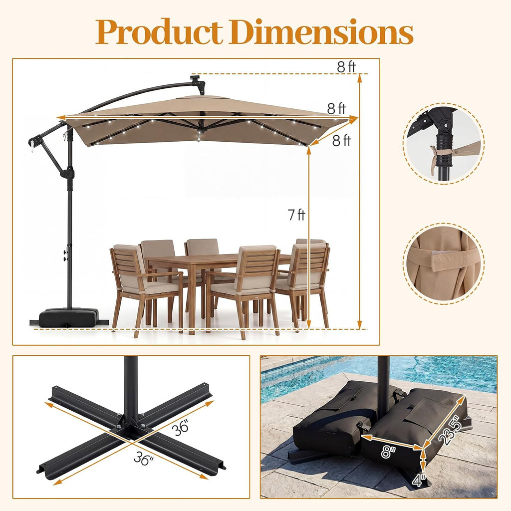 Tangkula 8x8 FT Solar Patio Umbrella with Base Included, Square Offset Cantilever Outdoor Umbrella with 360 Degree Rotation, 32 LED Lights, Crank Handle, 2 Sandbags, 8 Ribs, Air Vent for Pool Deck Garden Backyard