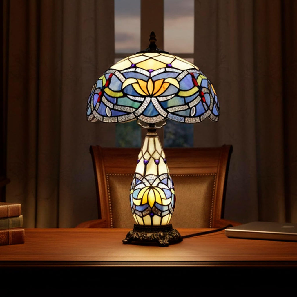 Tiffany Lamp Stained Glass Table Lamp 12X19 Inches Mother Daughter Vase Desk Accent Night Light for Bedroom Bedside Reading Home Antique Style (Blue Lotus)