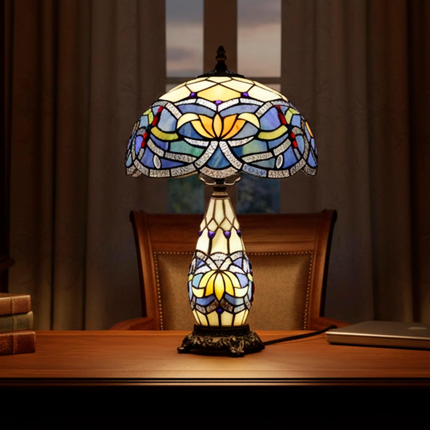 Tiffany Lamp Stained Glass Table Lamp 12X19 Inches Mother Daughter Vase Desk Accent Night Light for Bedroom Bedside Reading Home Antique Style (Blue Lotus)
