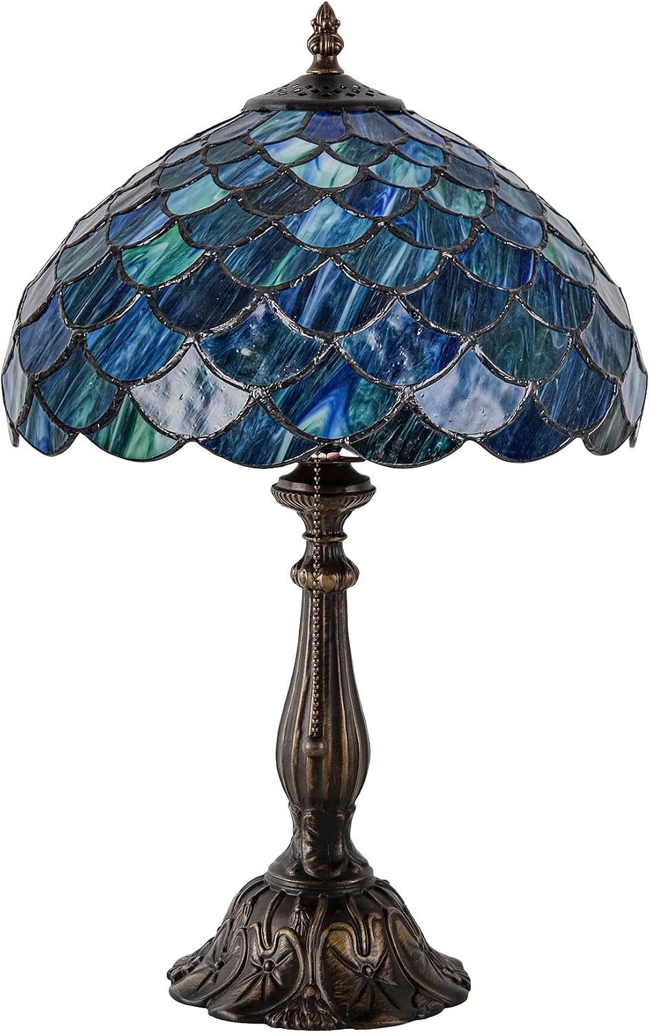 Tiffany Style Table Lamp Vintage Stained Glass Desk Lamp Sea Blue Fish Scales Bedside Reading Light Decor Bedroom Living Room Home Office D12 xH18