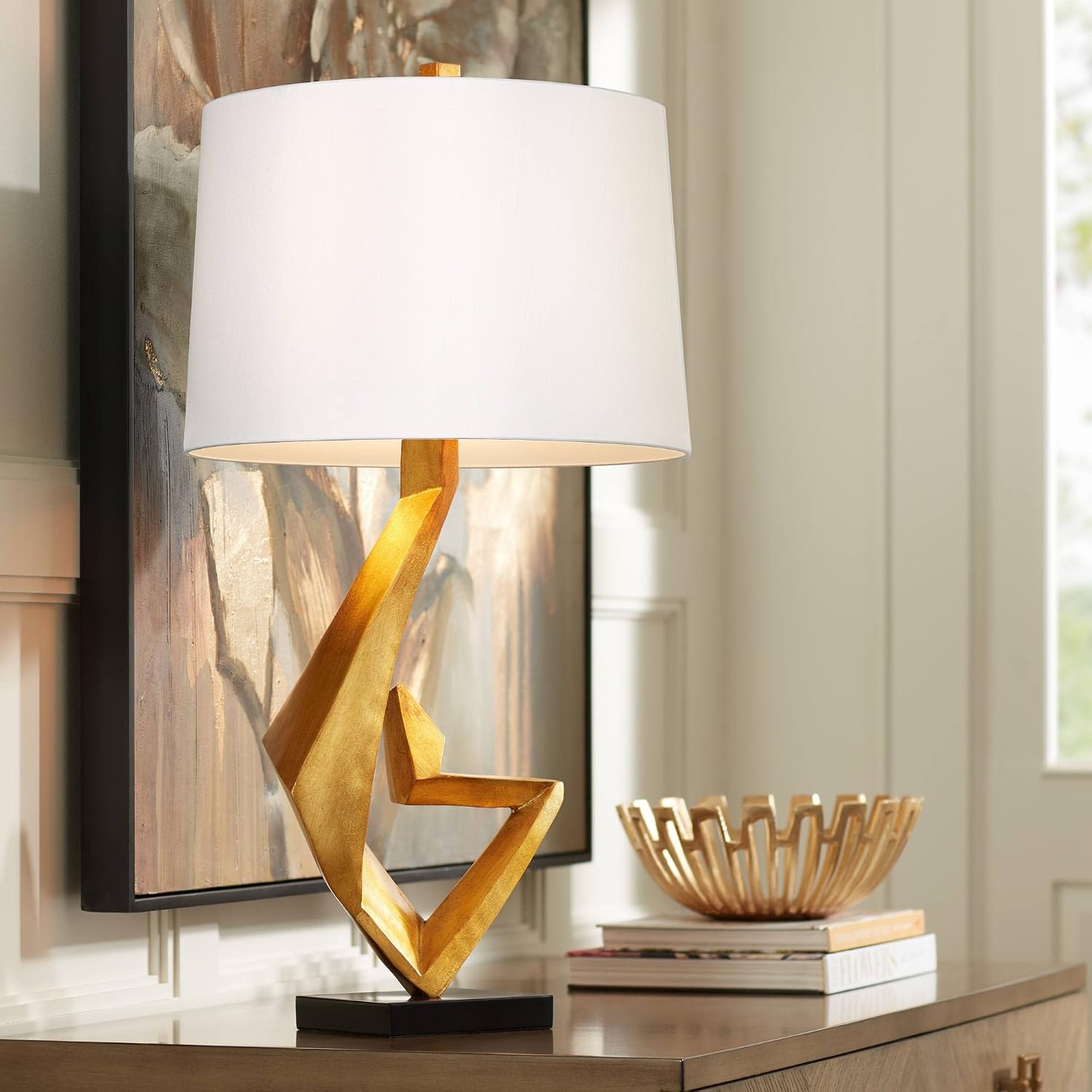 Possini Euro Design Zeus 29 1/2' Tall Modern Glam End Table Lamp Sculptural Gold Leaf Finish Living Room Bedroom Bedside Nightstand House Office Home Reading Kitchen Entryway Console Family Dining