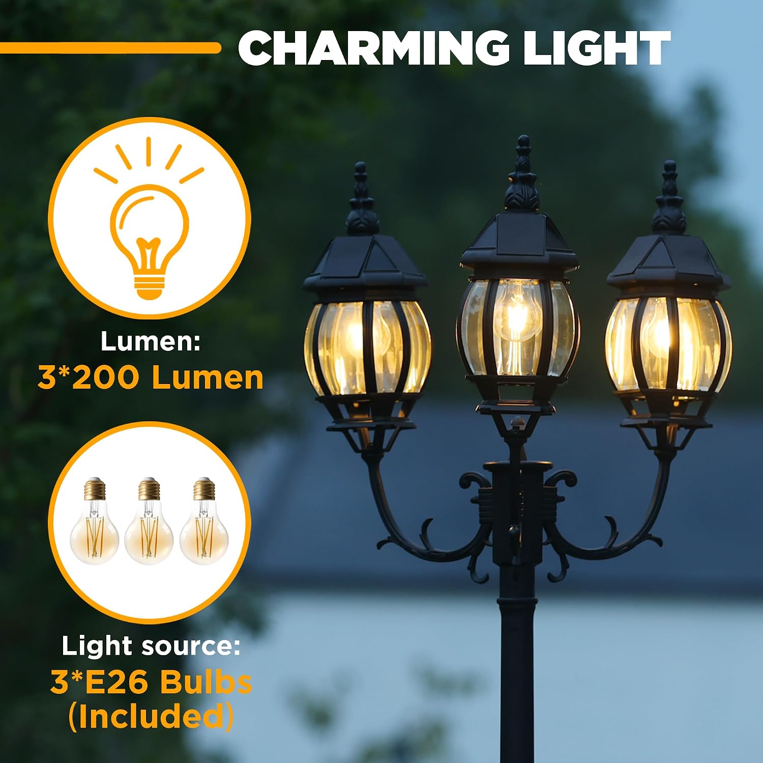 LUTEC Outdoor Solar Post Light with Triple-Head, Dusk to Dawn Lamp Post for Lawn Pathway Garden, Black Aluminium Vintage Street Light with Clear Glass Panels (Bulbs Included)