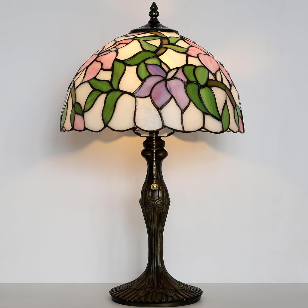 Tiffany Lamp Stained Glass Table Lamp Bedside Reading Lamp 12 x 19' Pink Flower Style Decorative Lamp for Desk Study Living Room Bedroom Office Decor Gift