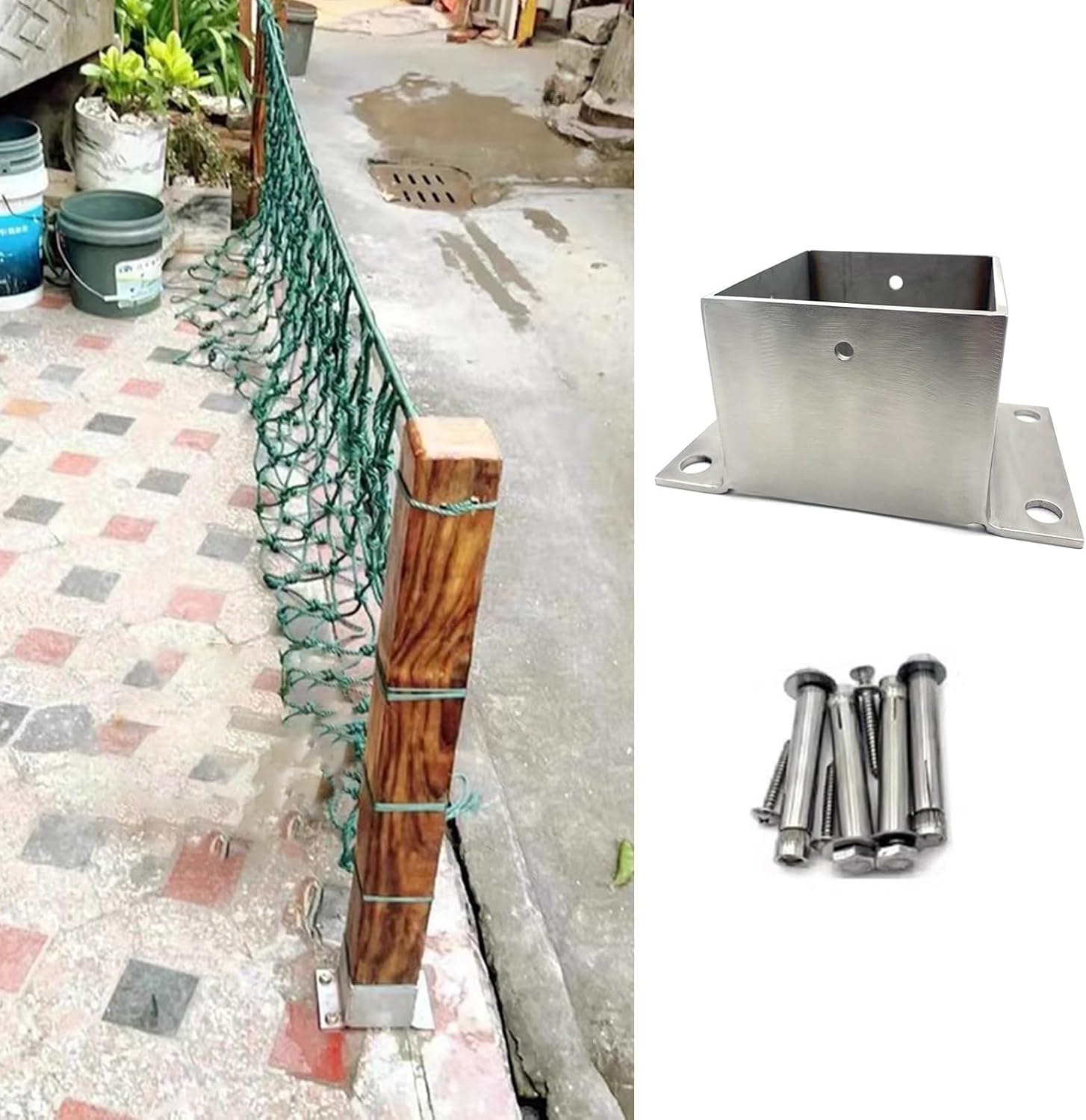 CMYUN Fence Post Base with Concrete Anchor ＆ Wood Screw, Square Metal Railing Support Kit, Garden Yard Farm Post Bracket Stands, Pergola Mailbox Post Guard(200x200mm(7.87x7.87in))