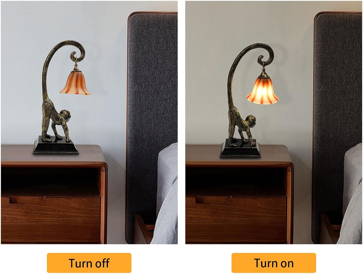 Bedside Table Lamp, Monkey Desk Lamp E26 Creative Animal Gold Resin Bed Side Lamps Sitting Monkey Lighting Fixture for Bedroom Office Bar Cafe Living Room Decor (Left)