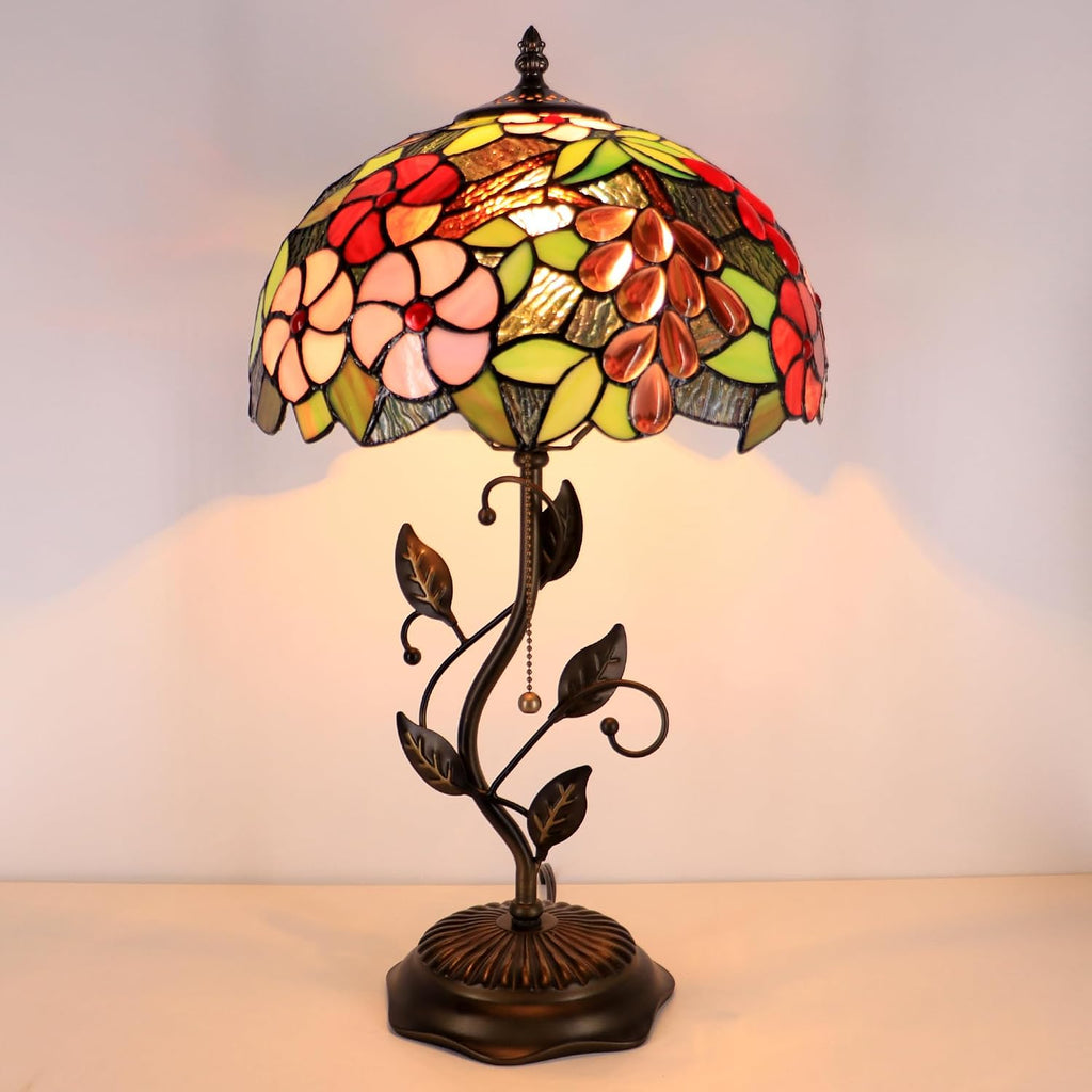 Tiffany Lamp Grape Style Stained Glass Table Lamp Desk Bedside Reading Light 12X12X19 Inches with Metal Leaf Base