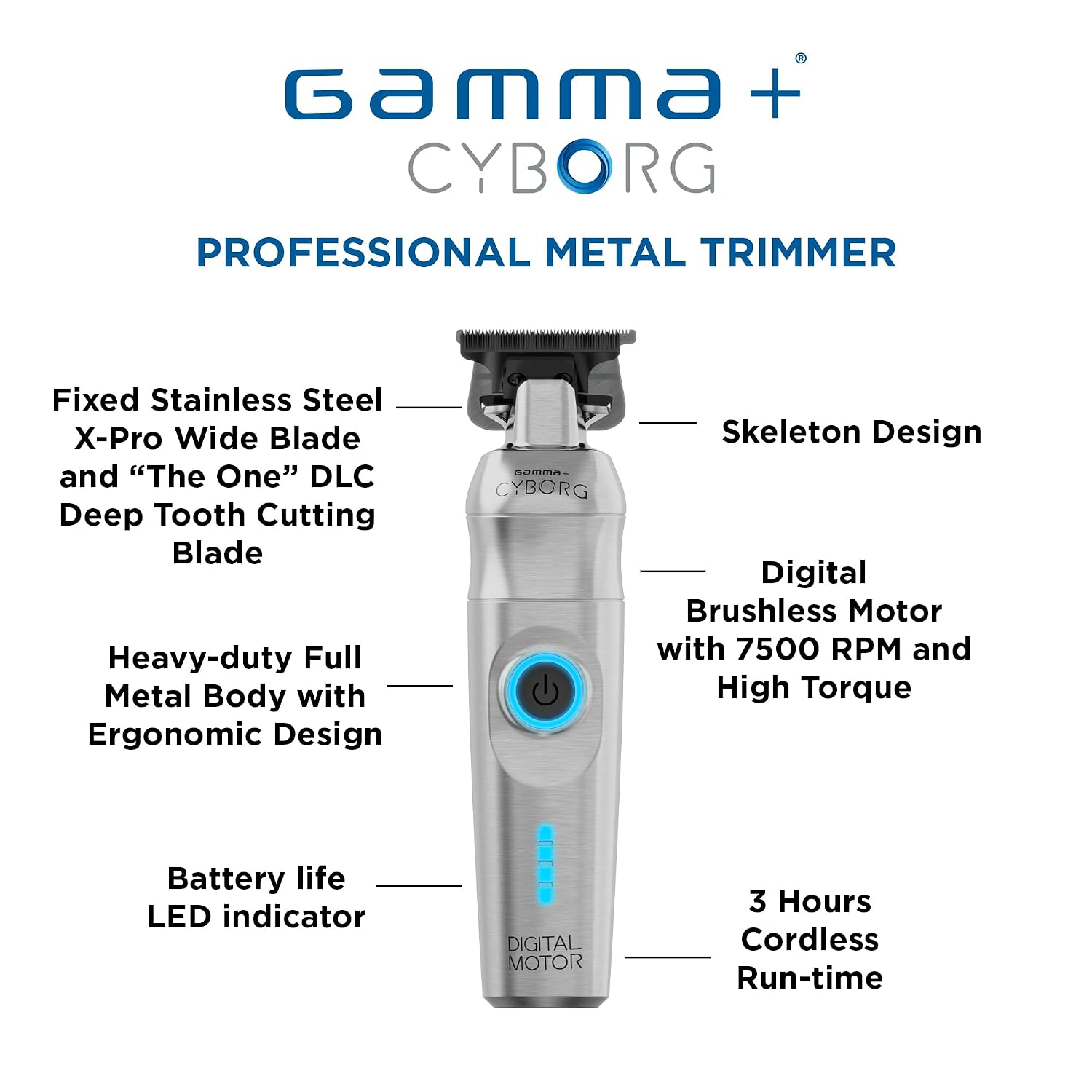 GAMMA+ Cyborg Professional Metal Cordless Ergonomic Hair Clipper Trimmer with Digital Brushless Motor