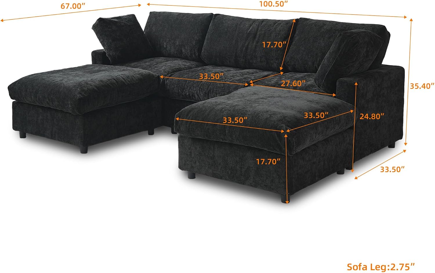 Cloud Couch Modular Sectional Sofa,100.5' U Shaped Couch, Oversized Convertible Wide Seater,3 Seater with 2 Ottomans for Living Room Set, Covers Washable&,Black