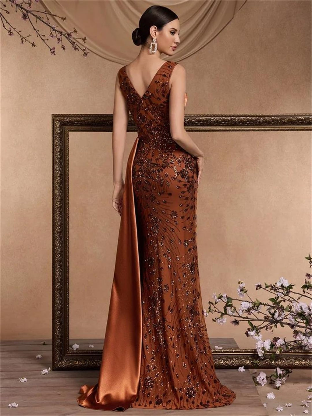 Women Elegant V-Neck Splice Sequins Sleeveless Formal Party Streamer Prom Cocktail Dress