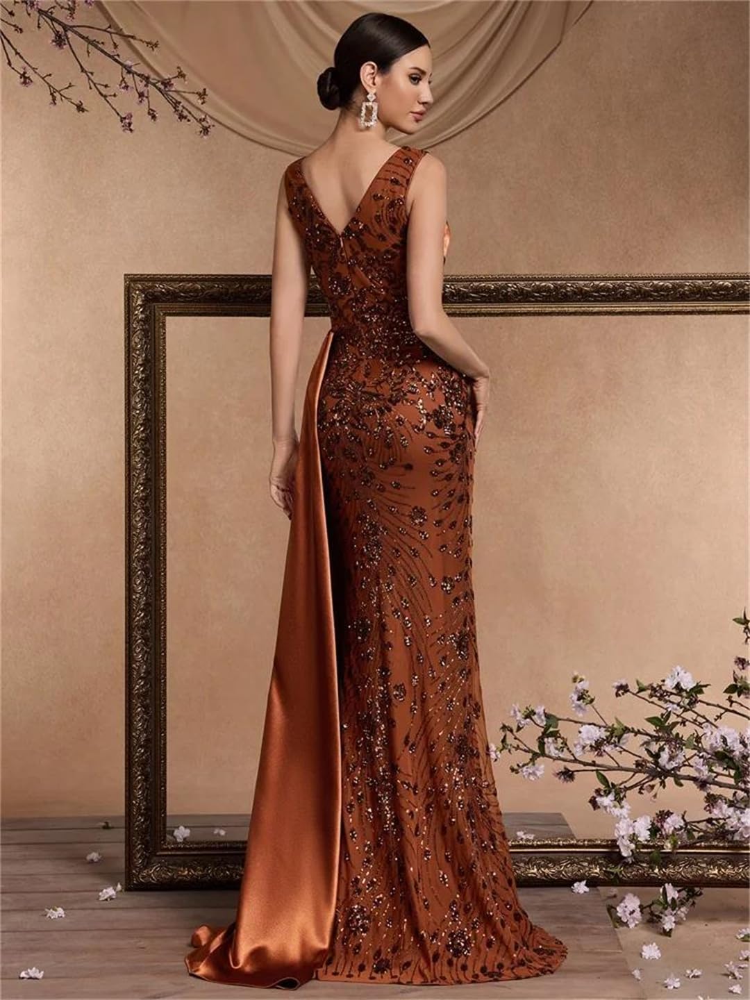 Women Elegant V-Neck Splice Sequins Sleeveless Formal Party Streamer Prom Cocktail Dress