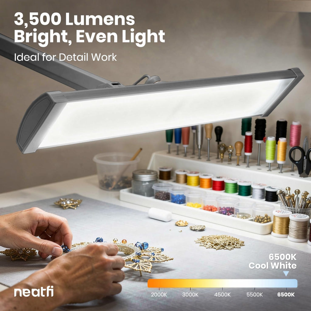 Neatfi Ultra 3,500 Lumens LED Desk Lamp with Clamp – 45W, 270 SMD LEDs, Shadow-Free | Adjustable Brightness | Task Light for Nail, Craft & Office (Silver, 26-Inch Wide Shade)