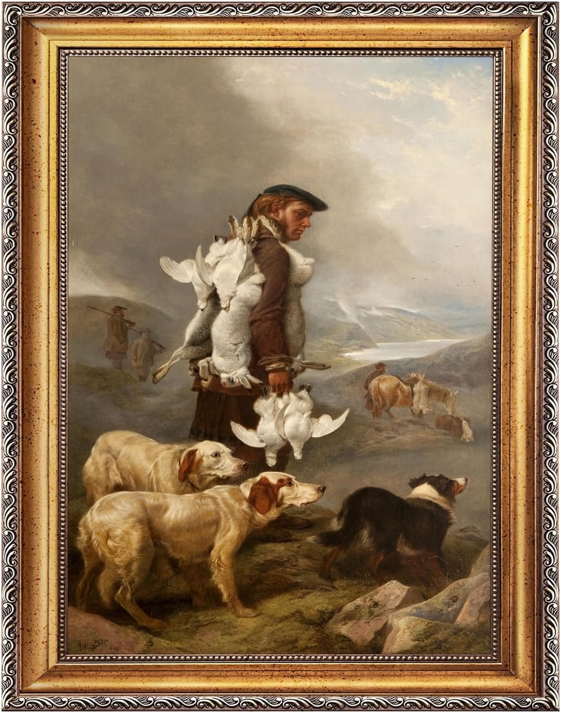 Large Gold Framed Winter Shooting Hares and Ptarmigan By Richard Ansdell Canvas Wall Art Coastal Countryside Scene Oil Paintings Reproduction Poster Rustic European Artwork Print Decor 24x36inch