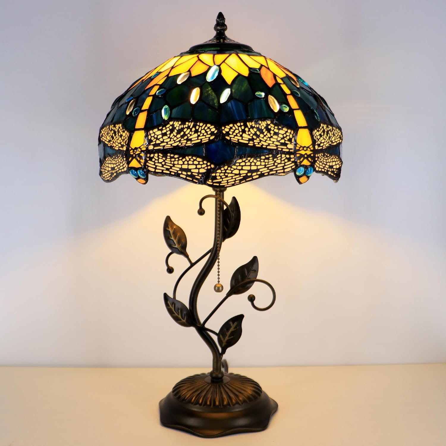Tiffany Lamp Yellow Dragonfly Style Stained Glass Table Lamp Desk Bedside Reading Light 12X12X19 Inches with Metal Leaf Base