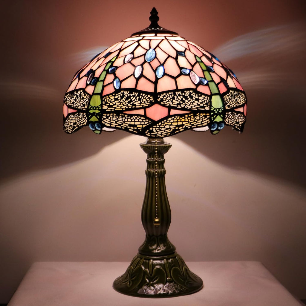 Tiffany Lamp Stained Glass Table Lamps Pink Dragonfly Style Desk Lamp12X12X18.5 Inch Bronze Ceramic Base Reading Light Suitable for Bedside Bedroom Living Room Dining Room Office