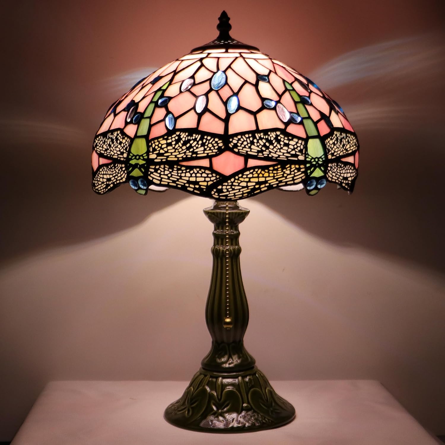 Tiffany Lamp Stained Glass Table Lamps Pink Dragonfly Style Desk Lamp12X12X18.5 Inch Bronze Ceramic Base Reading Light Suitable for Bedside Bedroom Living Room Dining Room Office