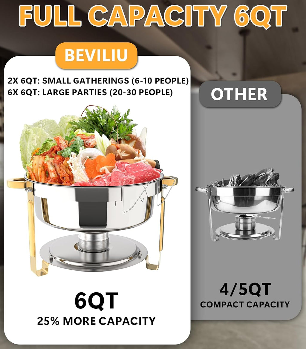 Beviliu 6QT Chafing Dishes for Buffet, 6 Pack 6QT Round Stainless Steel Chafing Dish Set for Home Parties, Christmas Gatherings, Food Warmers for Parties Buffet, Catering Supplies Buffet Display