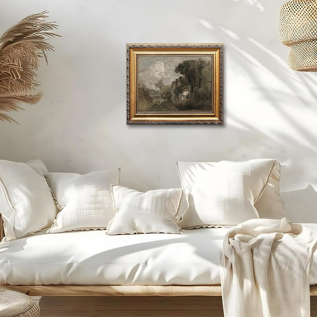 Large Framed Country Manor Canvas Wall Art Vintage Countryside Cottage Landscape Oil Painting Poster Rustic Estate European Country Artwork Print Classic Farmhouse Bedrom Decor 24x36inch