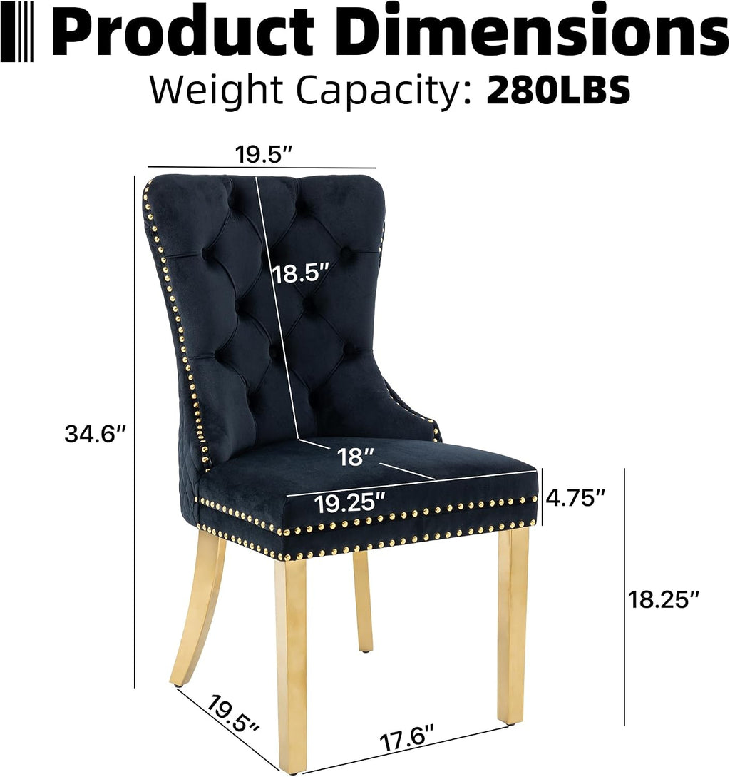 Velvet Dining Chairs Set of 2, Upholstered Dining Room Chairs, Mid-Century Modern Chairs with Diamond Lattice Tufted Back, Lion Pull Ring Rivet Trim, Golden Metal Legs for Kitchen, Black