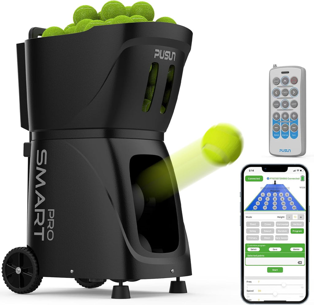PT-Smart PRO Tennis Ball Machine with Apple Watch/APP/Remote Control, 12 Spin Modes, 110-Ball Capacity, Portable Ball Launcher, 6-Hour Battery for Tennis Training, Beginners & Pros