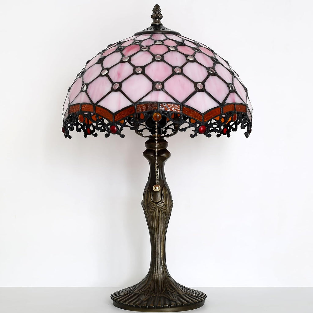Tiffany Lamp Stained Glass Table Lamp 12 x 19' Pink Beads Style Bedside Reading Lamp Decorative Light for Desk Living Room Bedroom Office Study Light Home Decor Gift