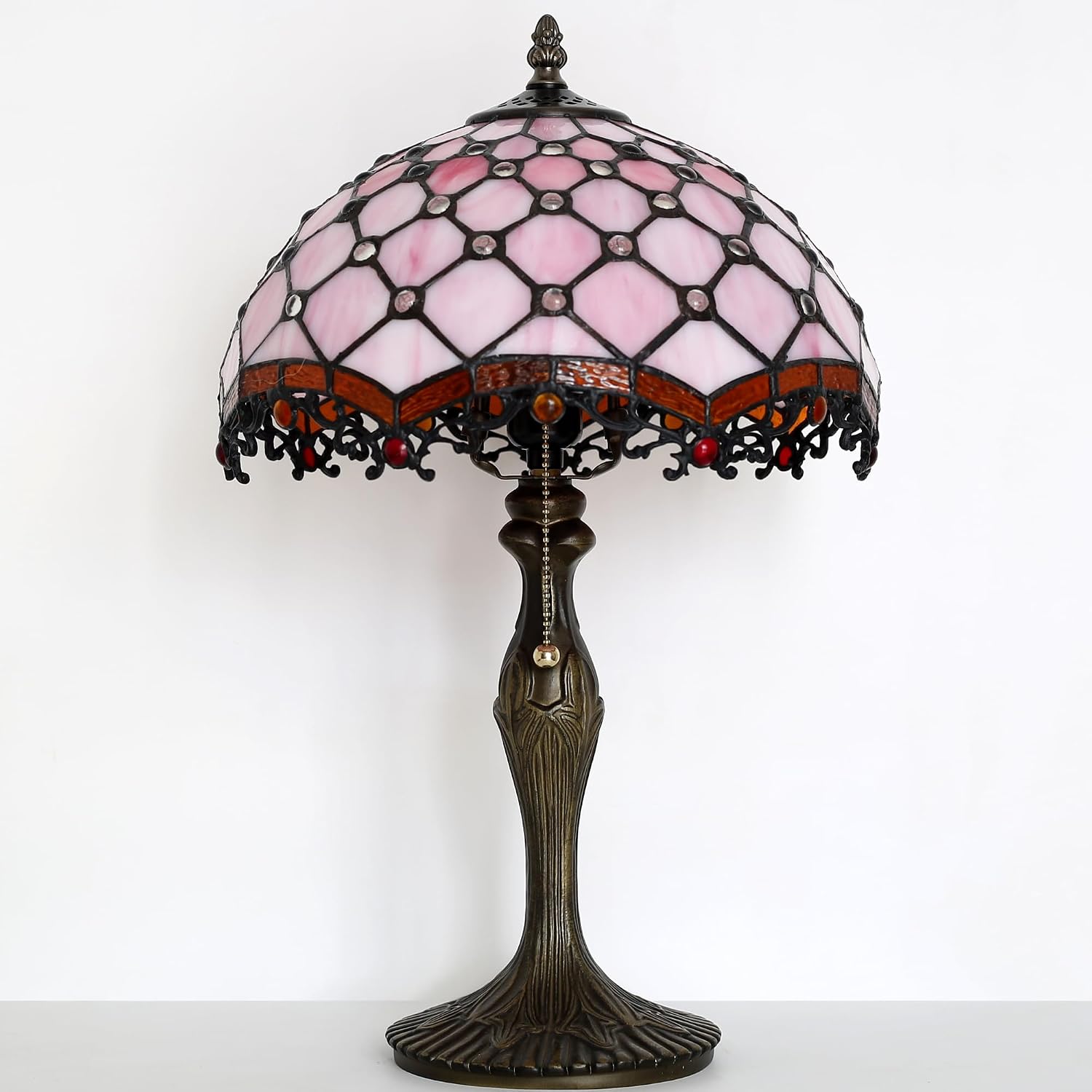 Tiffany Lamp Stained Glass Table Lamp 12 x 19' Pink Beads Style Bedside Reading Lamp Decorative Light for Desk Living Room Bedroom Office Study Light Home Decor Gift