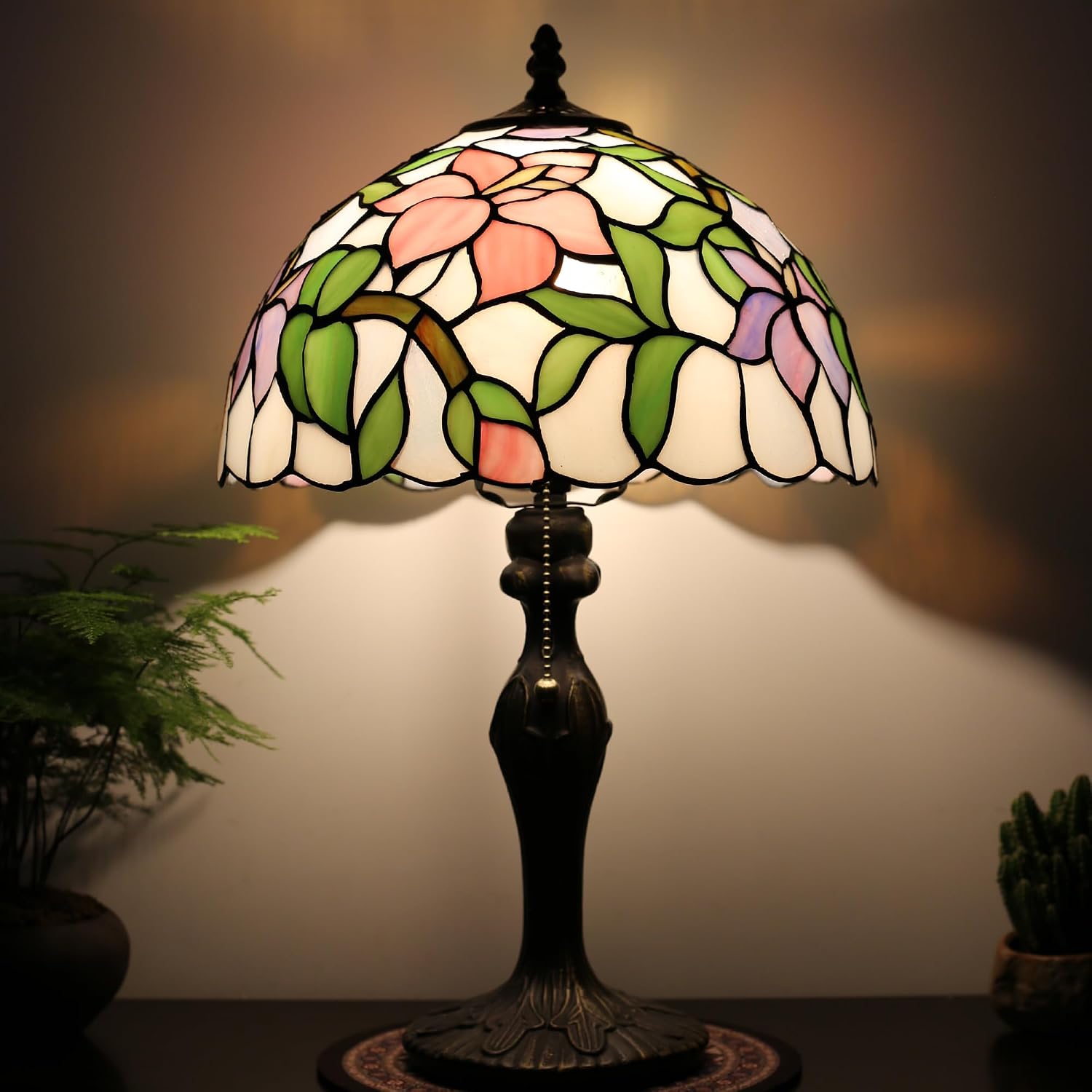 Tiffany Lamp Stained Glass Table Lamp Bedside Reading Lamp 12 x 19' Pink Flower Style Decorative Lamp for Desk Study Living Room Bedroom Office Decor Gift