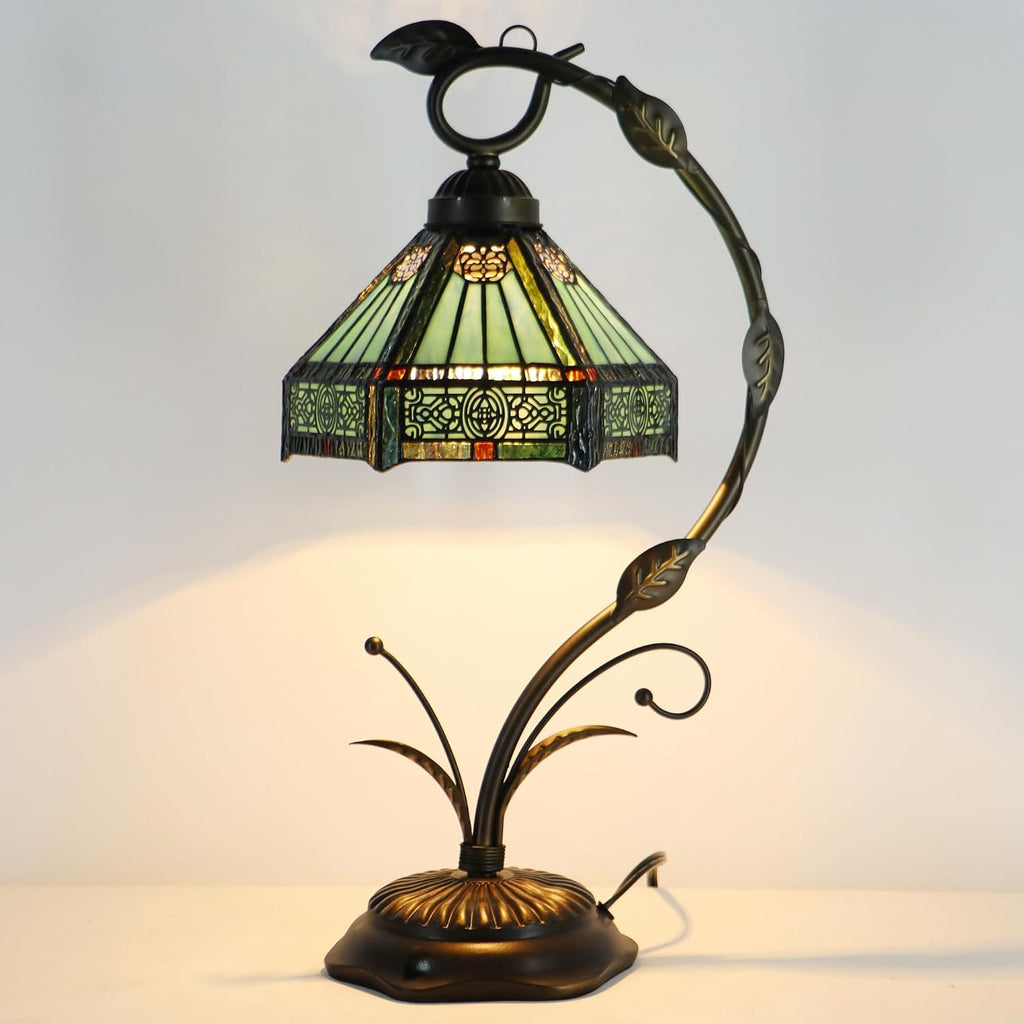 Tiffany lamp Stained Glass Table Lamp, Mission Style Desk Reading Light with Metal Leaf Base, 8X10X19 Inches (Mission Style)