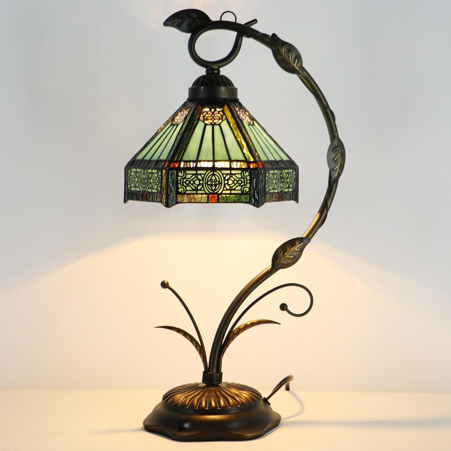 Tiffany lamp Stained Glass Table Lamp, Mission Style Desk Reading Light with Metal Leaf Base, 8X10X19 Inches (Mission Style)