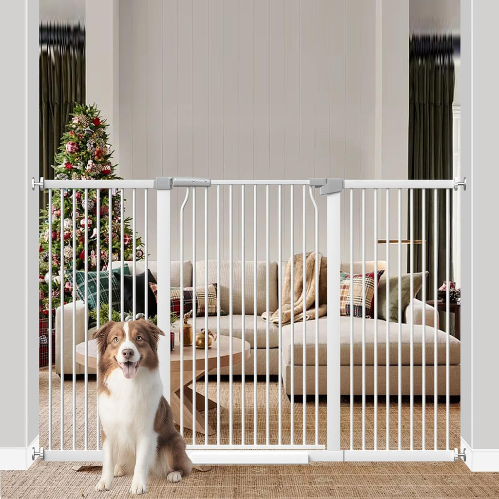 41' Extra Tall Baby Gate for Doorways and Stairs No Drill, Adjustable 60.3-65.7' Auto Close Dog Gate Indoor, Pressure Mounted Walk Through Swing Wide Pet Gate, Tall Cat Gate with Expansion Kit, White