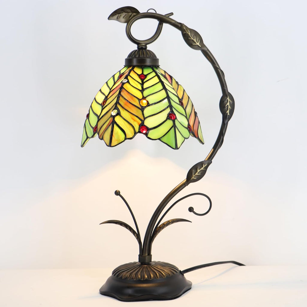 Tiffany Table Lamp, Stained Glass Desk Reading Light, 8X10X19 Inches, Metal Leaf Base (Brown Green Leaf)