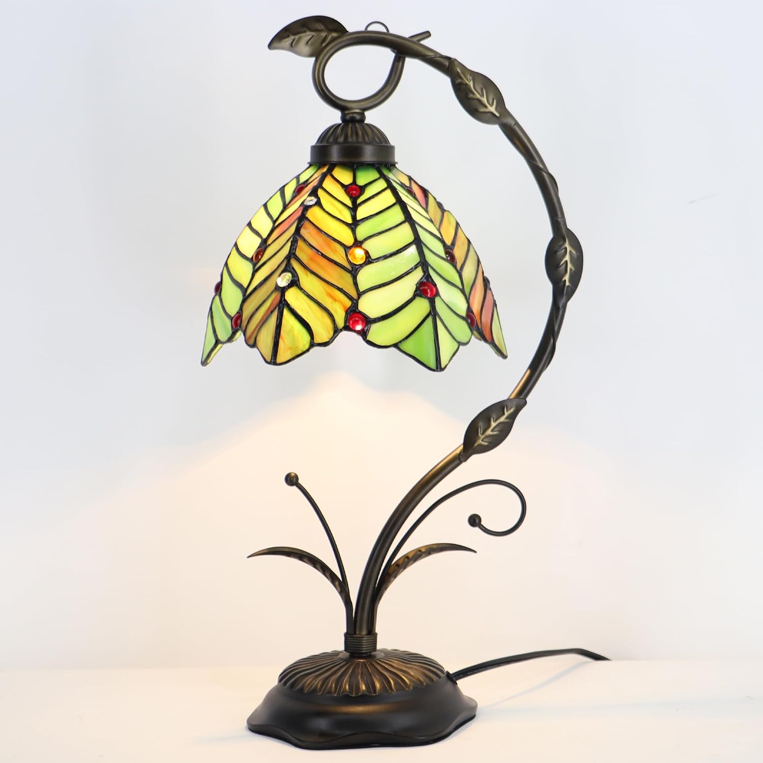 Tiffany Table Lamp, Stained Glass Desk Reading Light, 8X10X19 Inches, Metal Leaf Base (Brown Green Leaf)