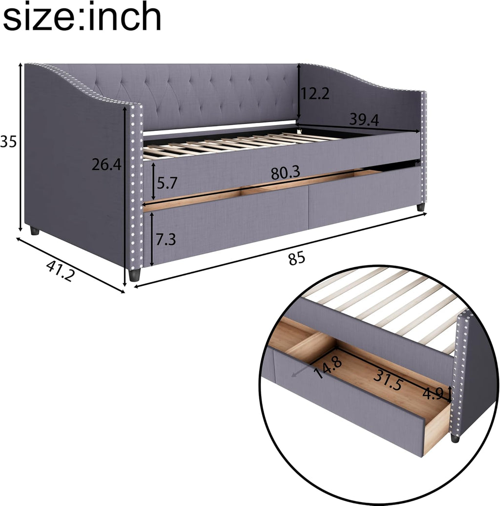 Christopher Knight Home Twin XL Daybed Frame with Two Drawers, Linen Fabric Upholstered Sofa Couch, 85'' Living Room Sleeper Sofa, Cozy Daybed for Bedroom, Diamond-Tufted Design, Rivet Armrests, Gray
