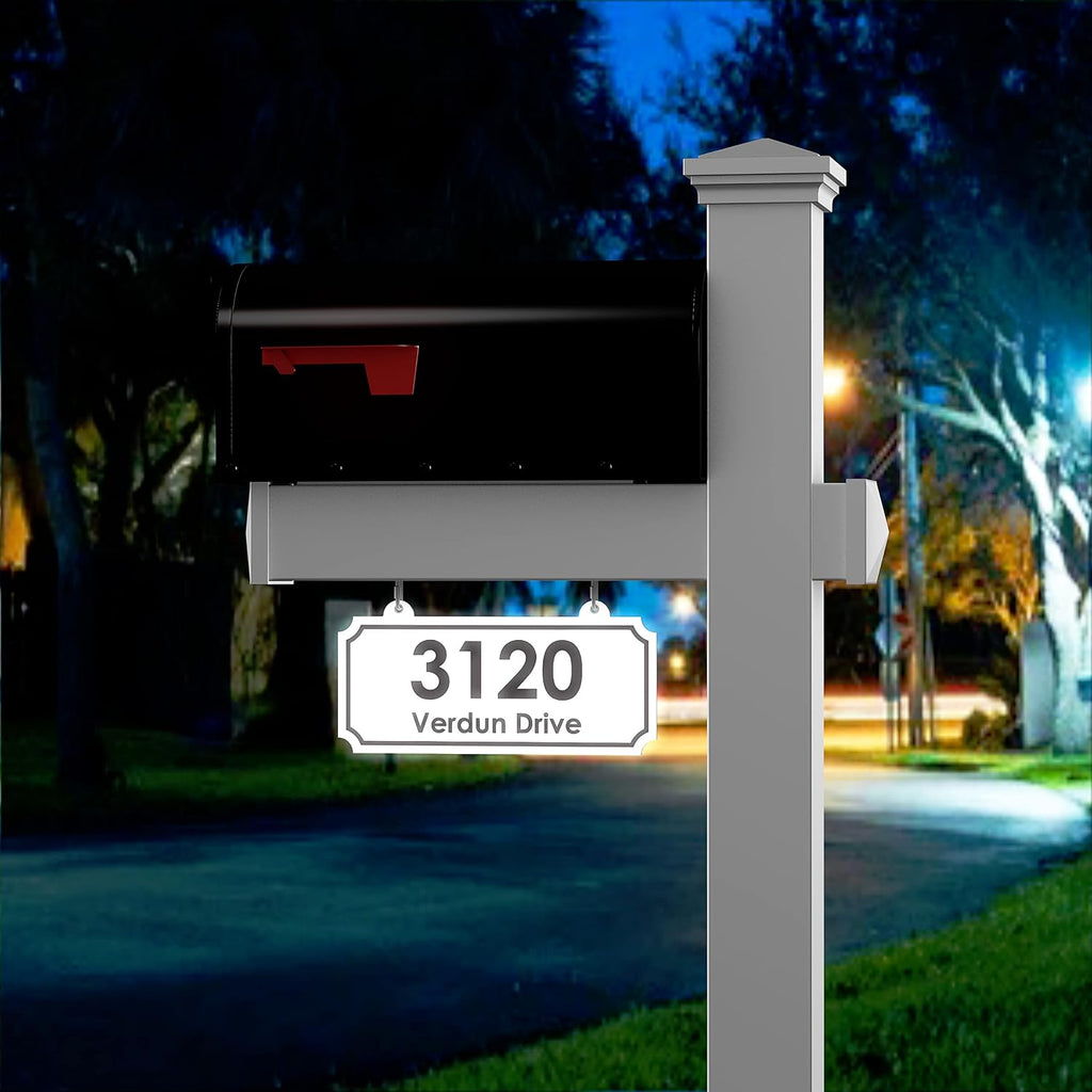 4Ever Products The Eastwood Mailbox System with Personalized Hanging Address Plate, Decorative Base, 72' White Vinyl Post, and Newport Style Cap