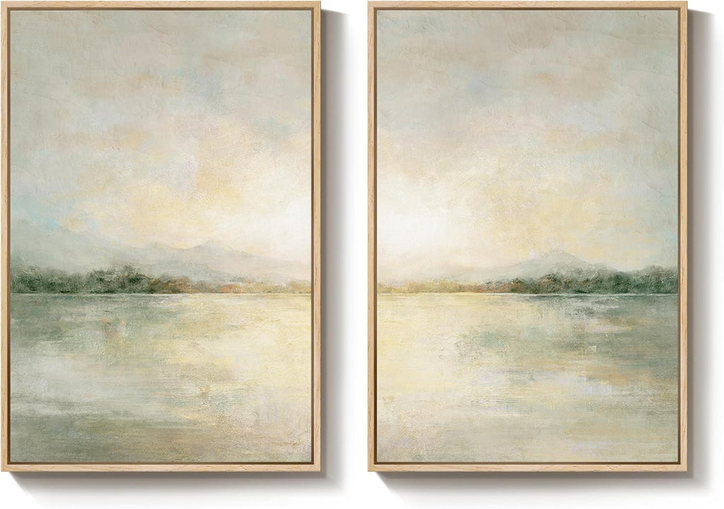 mxart Framed Sage Green Abstract Wall Art for Living Room, Large Set of 2 Abstract Landscape Canvas Artwork for Walls, Minimalist Painting Print for Bedroom Dining Room Office Hallway Wall Decor, 24x36 Inch
