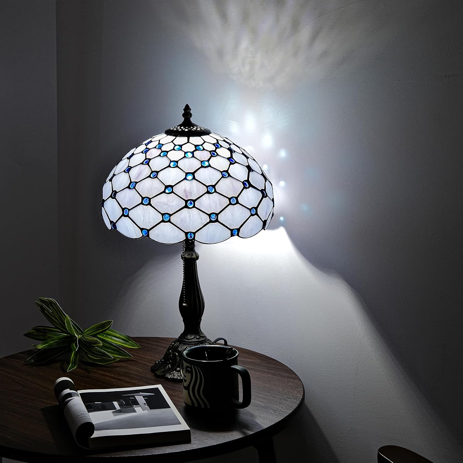 Tiffany Lamp Vintage White Grey Stained Glass Bead Table Lamp Desk Bedside Reading Light Decor Bedroom Living Room Home Office D12*H18 Inches