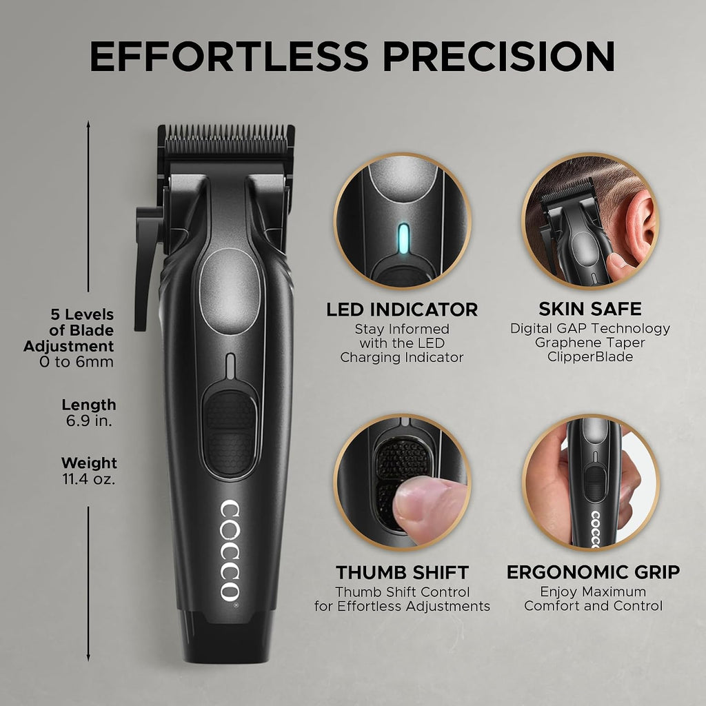 Cocco Veloce Pro Clipper, Digital Gap Ambassador Graphene Taper Blade Professional Hair Clippers, High-Torque BLDC Motor, All-Metal, Cordless, Charging Base Included