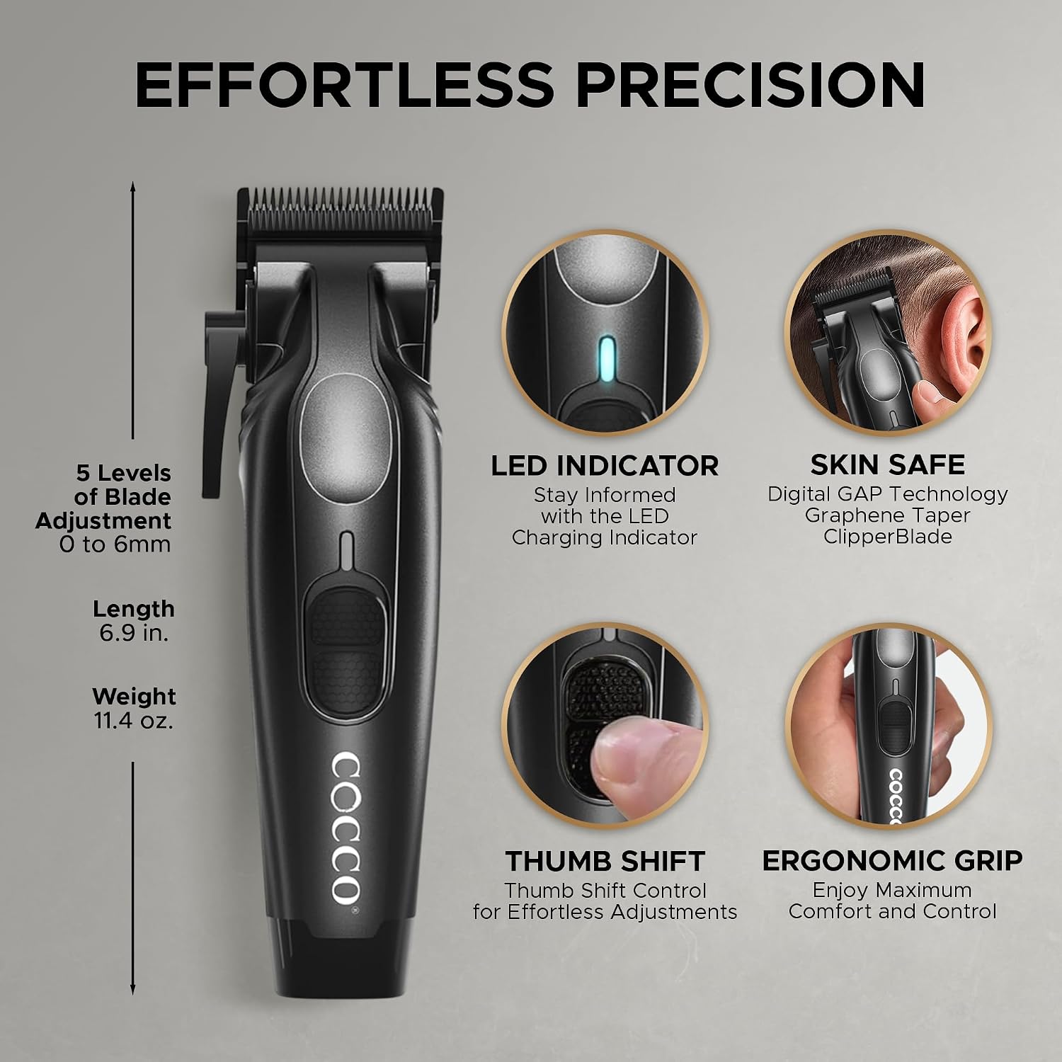 Cocco Veloce Pro Clipper, Digital Gap Ambassador Graphene Taper Blade Professional Hair Clippers, High-Torque BLDC Motor, All-Metal, Cordless, Charging Base Included