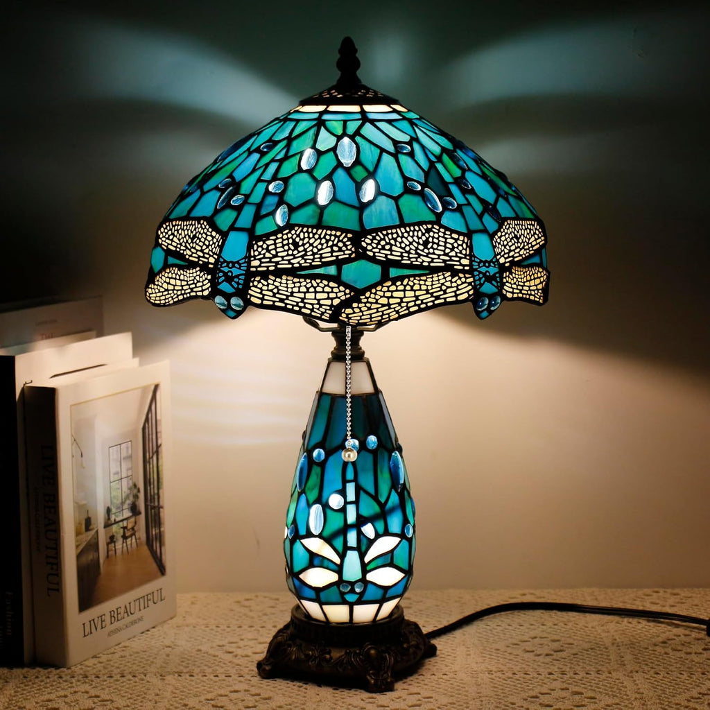 Tiffany Lamp Stained Glass Table Lamp 12X19 Inches Mother Daughter Vase Desk Accent Night Light for Bedroom Bedside Reading Home Antique Style (Green Dragonfly)