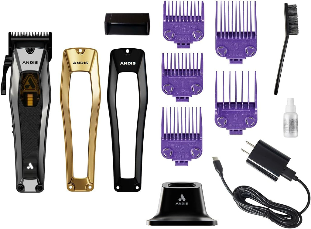 Andis Recon Professional Barber Vector Motor Hair Clipper, Adjustable-Fixed Phaze Blade, Includes OG Comb Set, Lithium Ion 4-Hour Run Time, Interchangeable Covers, Black/Gold