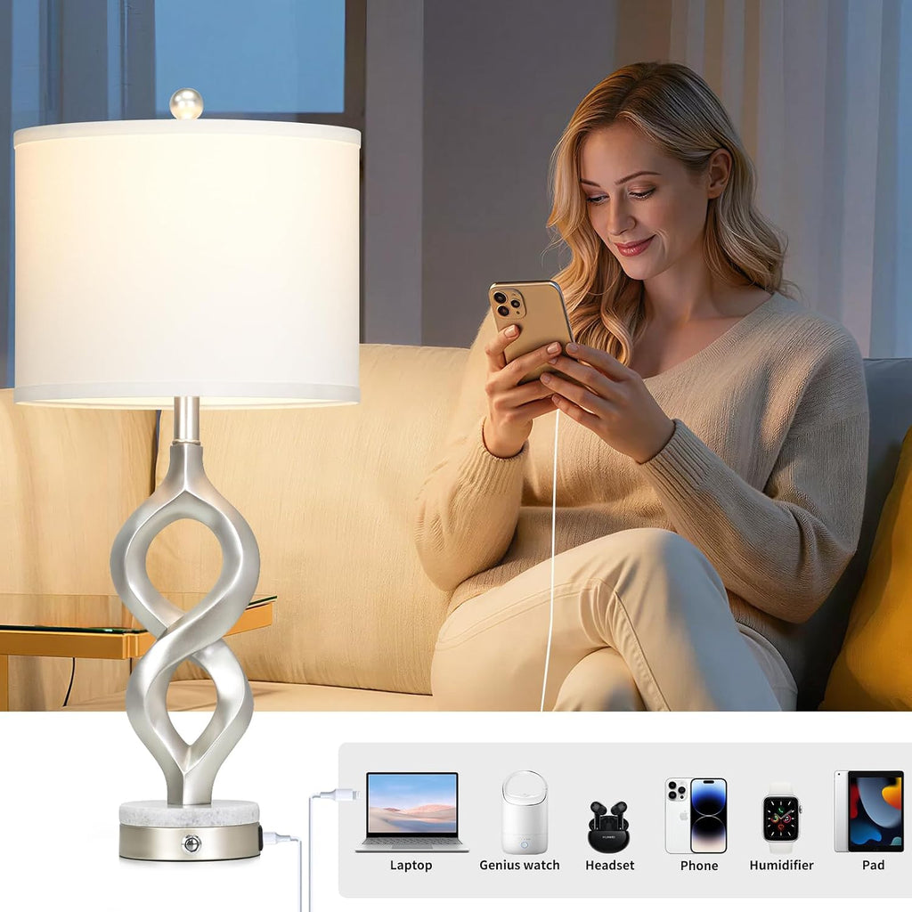 Cinyirong Silver Table Lamps Set of 2 for Living Room, 30' Tall Touch Control Bedside Lamps for Bedroom Nightstand, 3-Way Dimmable Modern Sculptural Table Lamp with USB A+C Ports and 2 LED Bulbs