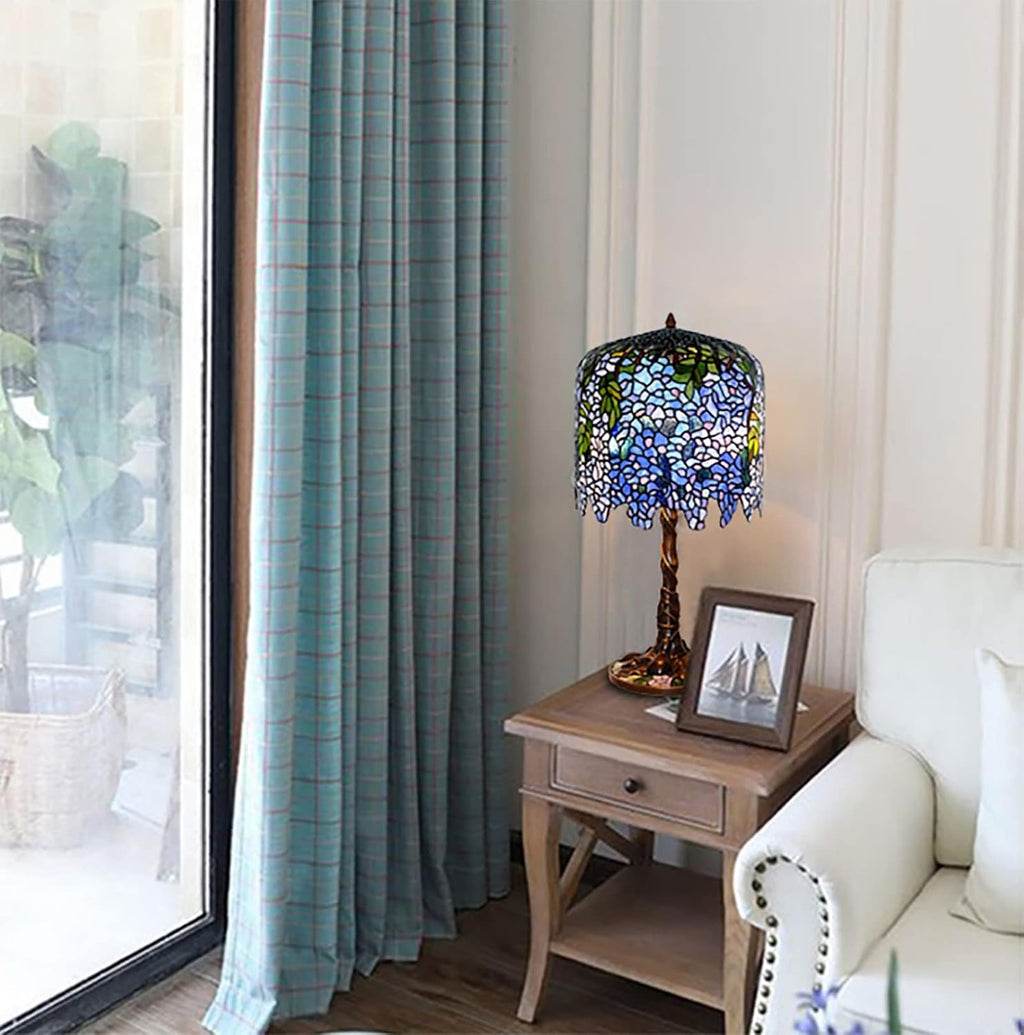 Wisteria Lamp, Tiffany Style Green Pink Stained Glass Table Lamp, Green Leaves Shade Bedroom Bedside Lamp, Living Room Office Table Decoration Lamp with Pull Cord Switch