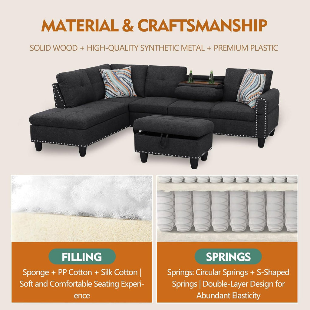 Dark Gray Sectional Sofa Couch with Storage Ottoman and Cup Holder Tray, Linen Fabric L-Shaped Couch with Silver Rivets, Reversible Chaise Lounge Set with Flip-Top Storage (S+C+O)