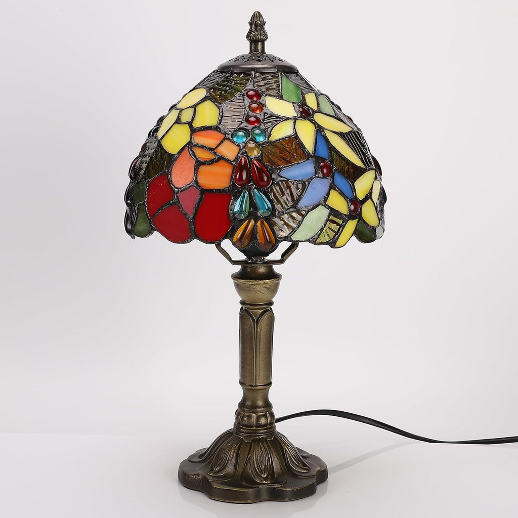 Tiffany Small Table Lamp for Bedroom Set of 2,Bedside Nightstand Lamp Rose Flower Grape Stained Glass Table Lamps for Living Room,3 Color Temperature Home Office Desk Lamp+LED Bulb