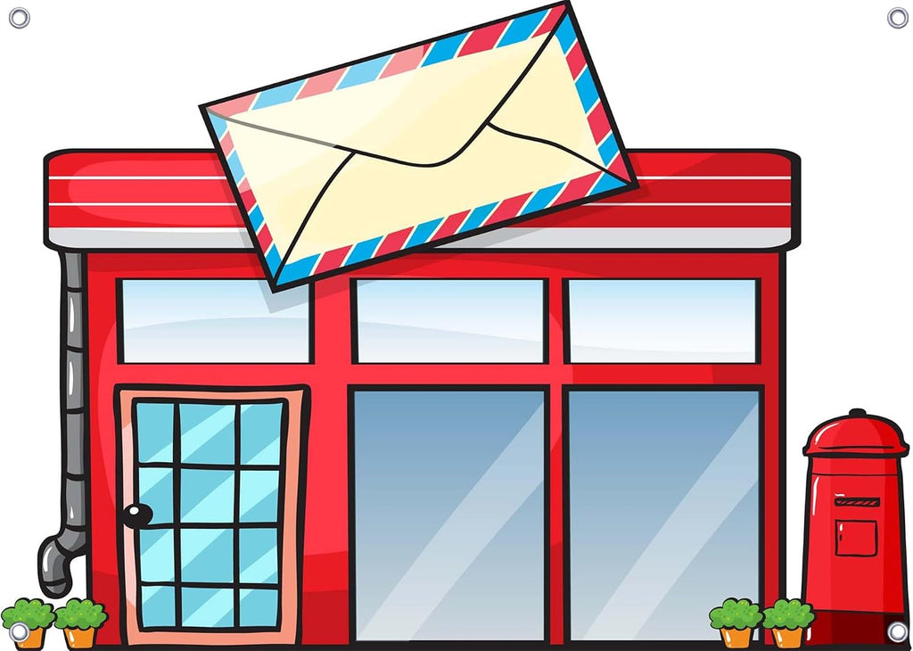 20x10ft Fabric Cartoon Post Office Backdrops Banner Children's Party Photography Background Mailbox Letter Backdrop for Birthday Party Banner Decorations Photo Studio Props