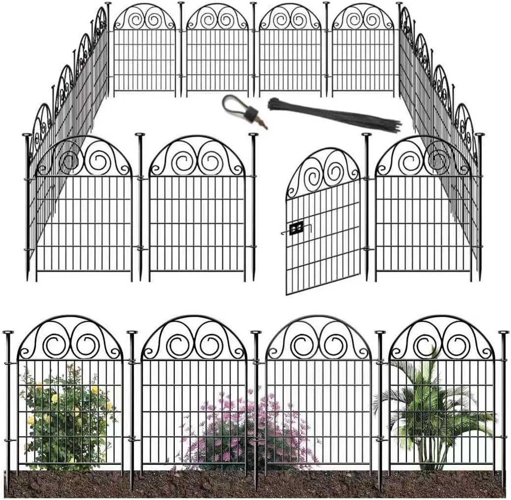 Getlay Tall Garden Animal Barrier Fence with Gate, 36 in(H)×30.6 Ft(L) 14 Panels Dog Digging Fence Barrier, Black Heavy Duty Metal Temporary Fences, Reusable Defense Fencing for Outdoor Yard│Patented