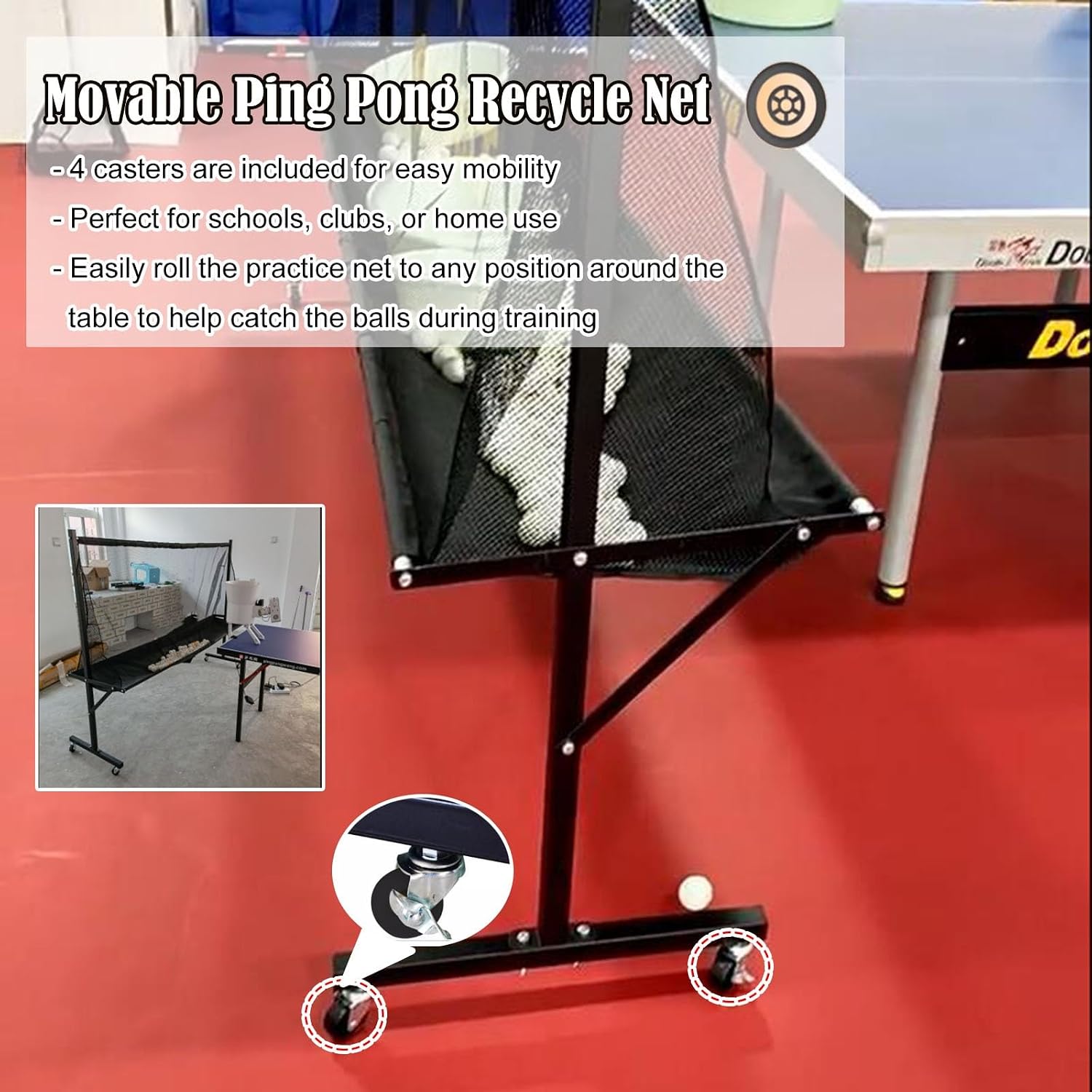 Rolling Table Tennis Robot Catch Net, Adults & Kids Training Tool for Multi Ball Drills, Ping Pong Recycle Catcher Equipment for Indoor Outdoor Serve Practice, Metal Frame