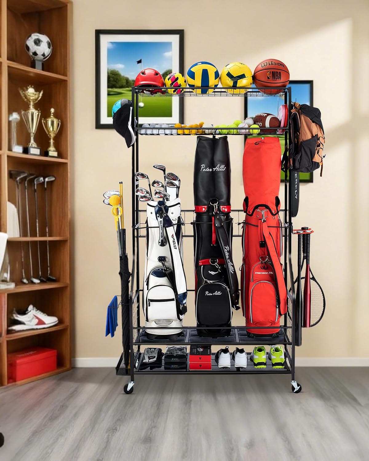 FHXZH Golf Bags Storage Garage Organizer - Stand for Single Golf Bags, Clubs, and Equipment Accessories with Wheels