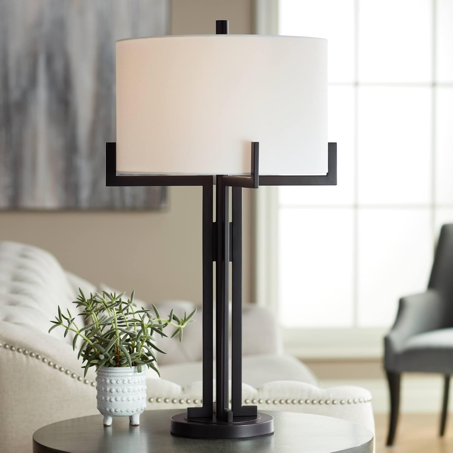 Franklin Iron Works Idira Modern Industrial Table Lamp with Dimmer and USB Charging Port 31 1/2' Tall Black Metal White Drum Shade Decor for Living Room Bedroom House Bedside Nightstand Home Office