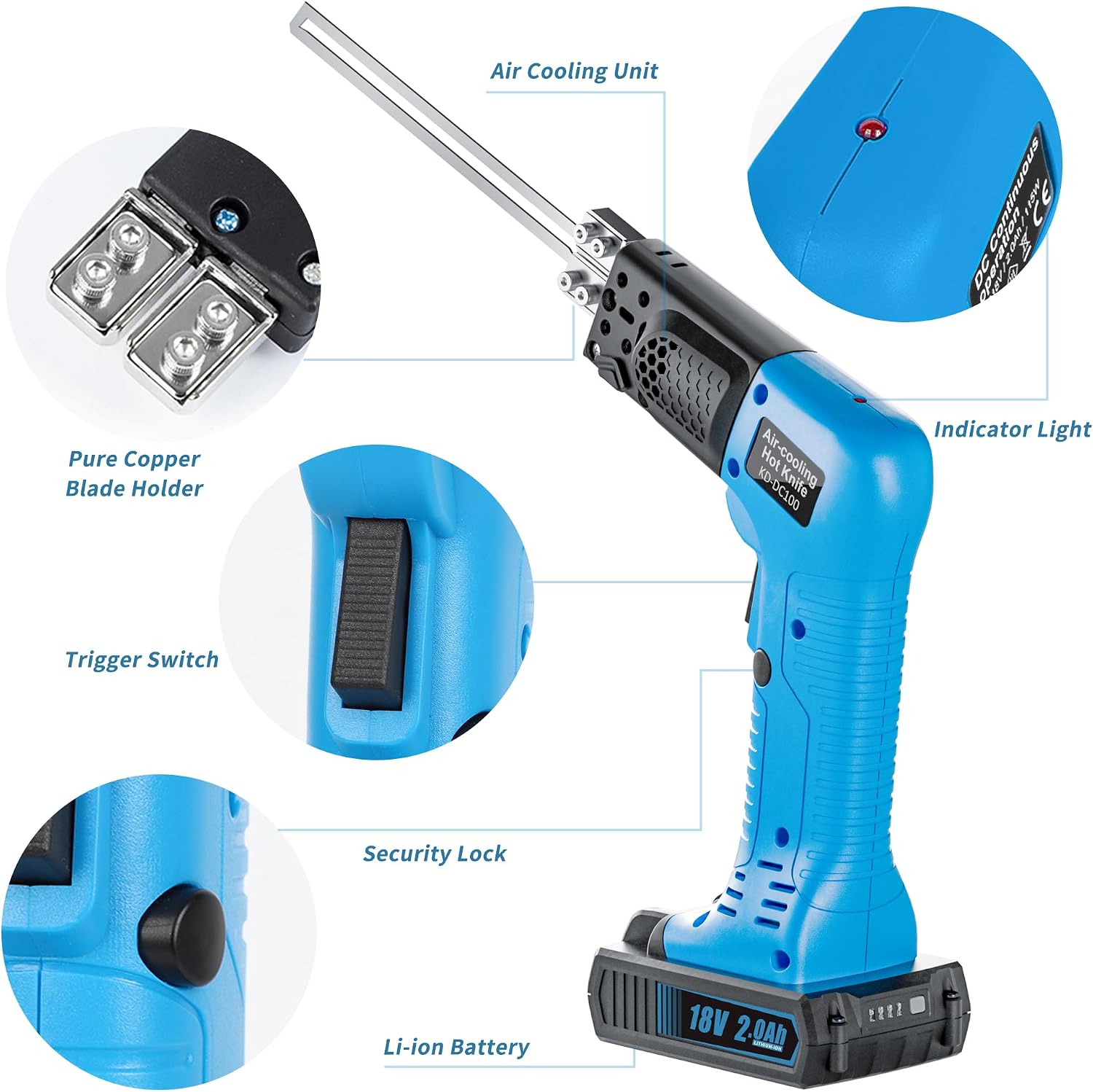 Cordless Air Cooling Pro Electric Hot Knife, 6 inch 3 Blades Foam Cutter Cutting Tool Kit with Heavy-Duty Case & one 18V 2.0 Ah Battery for EPP, EPS, XPS, EVA, EPE, PU, KT Board, Sponge